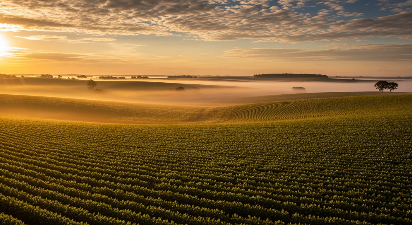 Lavoura brasileira ao amanhecer, vista do drone